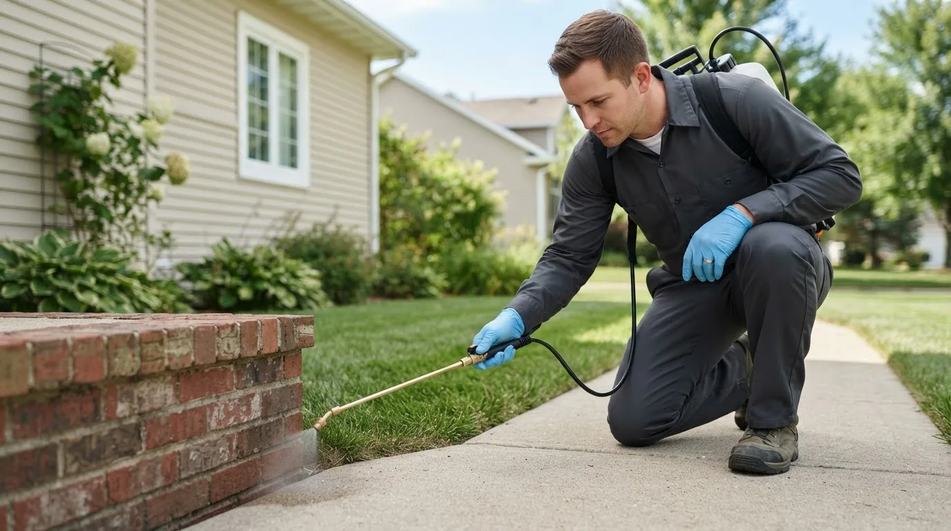Pest control technician treating a home near Gilman, IA